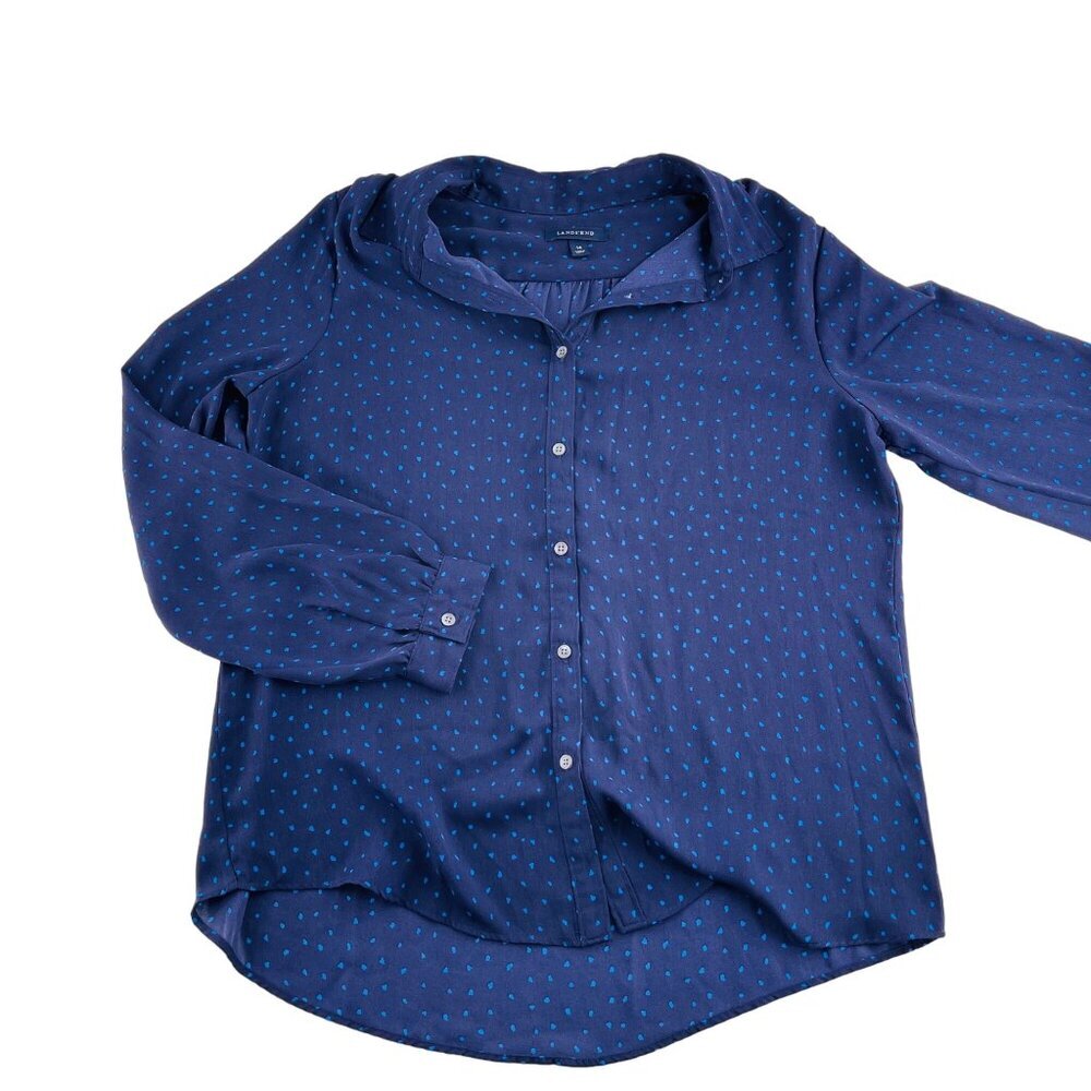 Lands End Blue Polka Dot Button Up Long Sleeve Shirt Women Size 14